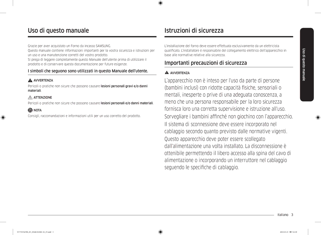 Samsung NV75N7647RS/ET Uso di questo manuale Istruzioni di sicurezza, Italiano  